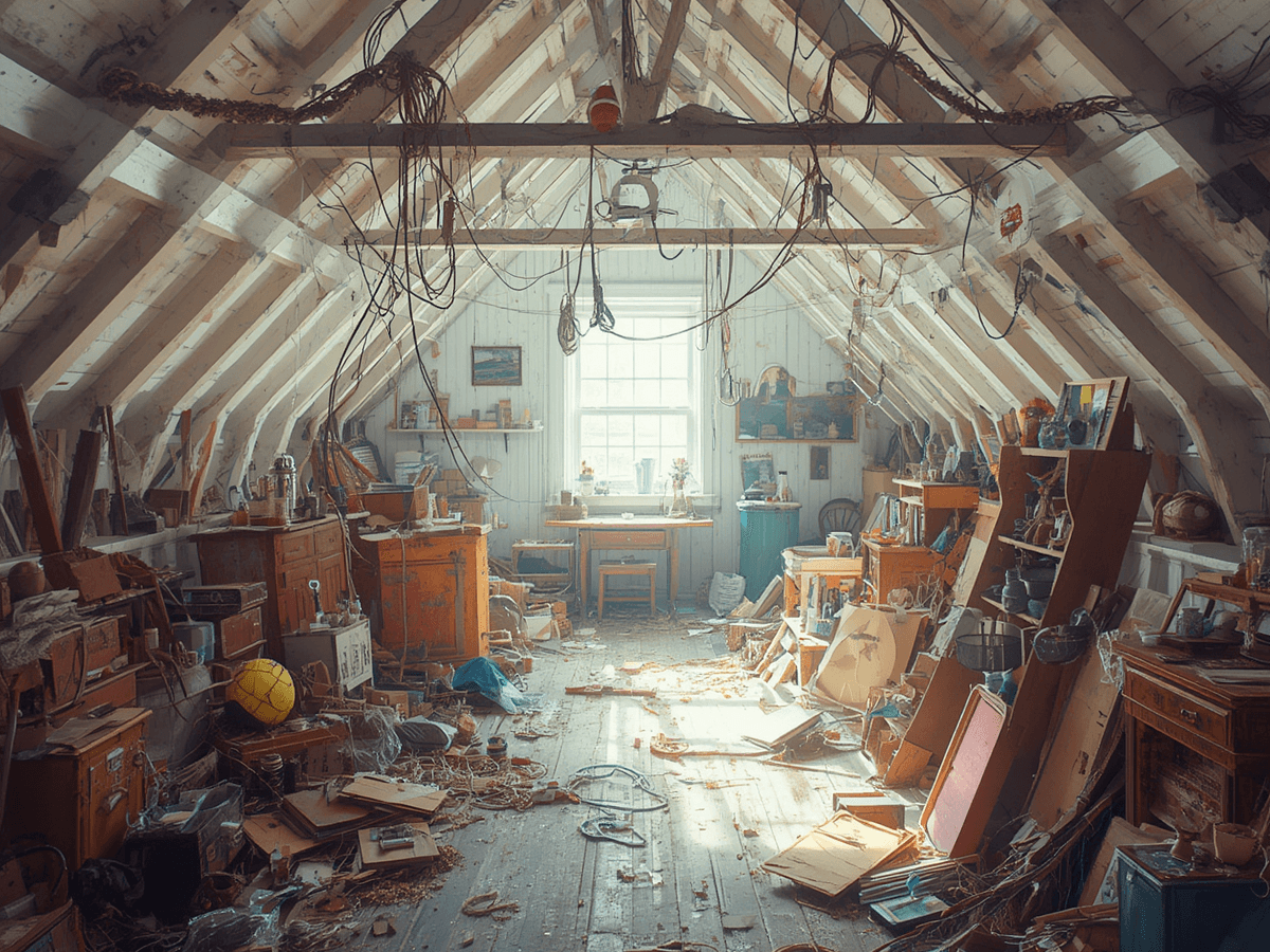 Cluttered attic before a clean-out